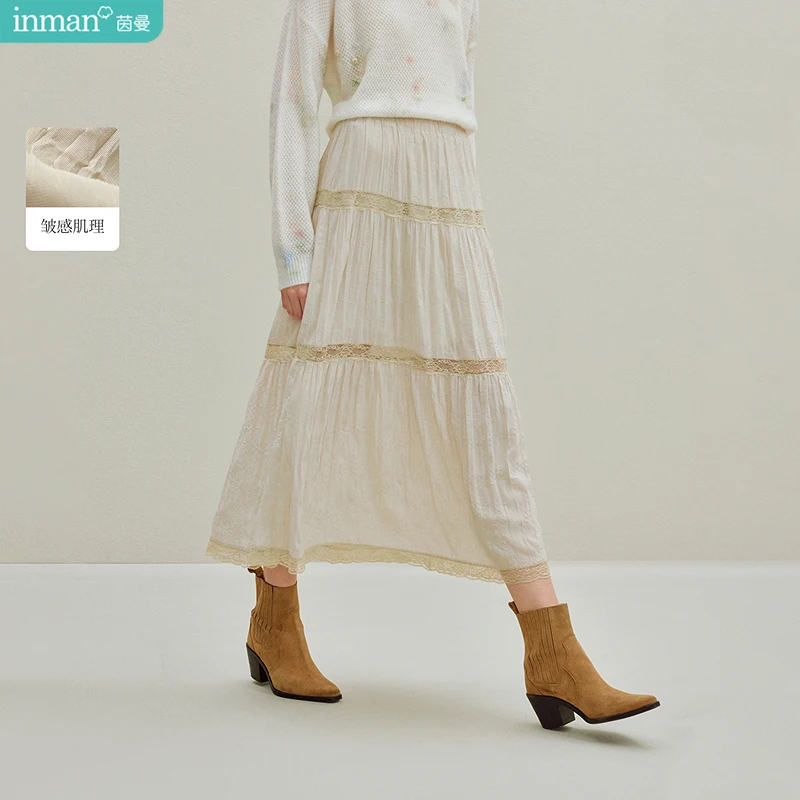 INMAN Crinkled Textureลูกไม้Midiกระโปรง 2025 ฤดูใบไม้ร่วงใหม่ผู้หญิงสํานักงานรีสอร์ทElasticเอวElegant |   กระโปรงอินเทรนด์เอวสูงสําหรับ