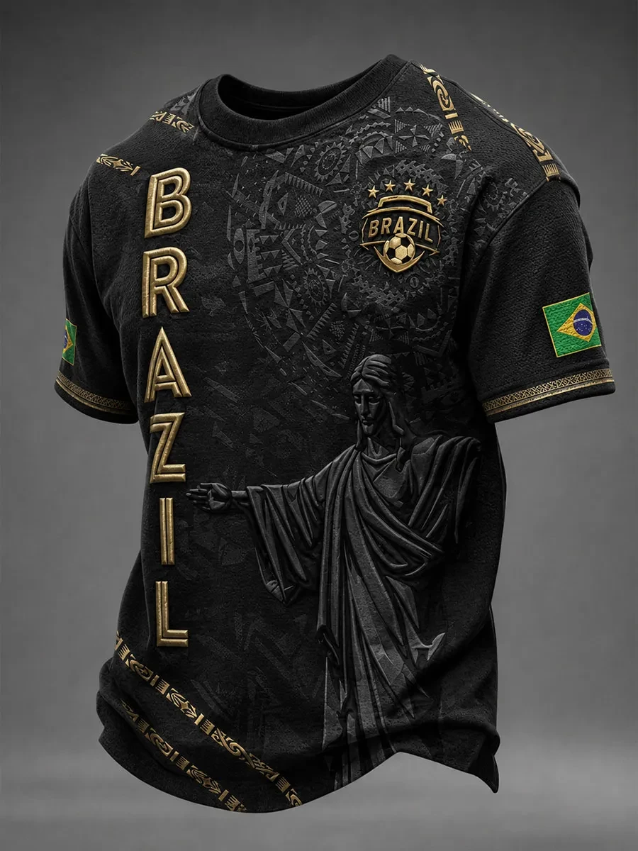 Modisches 3D-Südamerika-Karten-Print, Goldstreifen, Maßanfertigung für Fußballfans, Schwarzes T-Shirt im brasilianischen Street-Freizeitstil – Detail 4