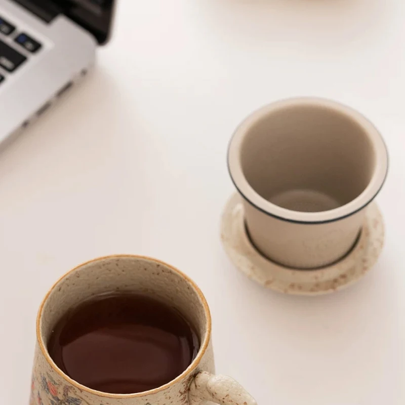 Chinese Style Ceramic Flint Red Mugs, Tea Infuser Office Persimmon Pattern Teacup, With Cover Filtered Tea Water Separation, 1Pc