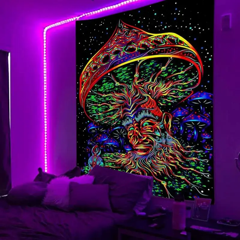VIKAMA Black Light Great Wave Kanagawa Setting Sun Fuji UV Active Tapestry Japanese Wall Decor Accent Soft Durable Cozy Gift