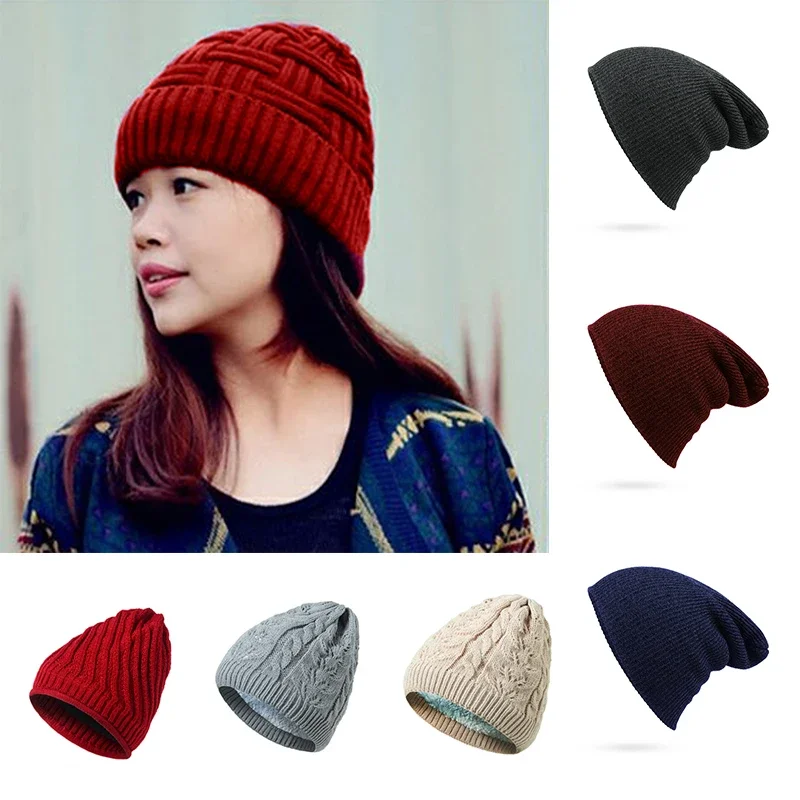 

Women Men Autumn Winter Warm Knitted Fleece Hat Solid Color Lady Stretch Knitted Crochet Beanies Hat Cap Unisex Thick Hats