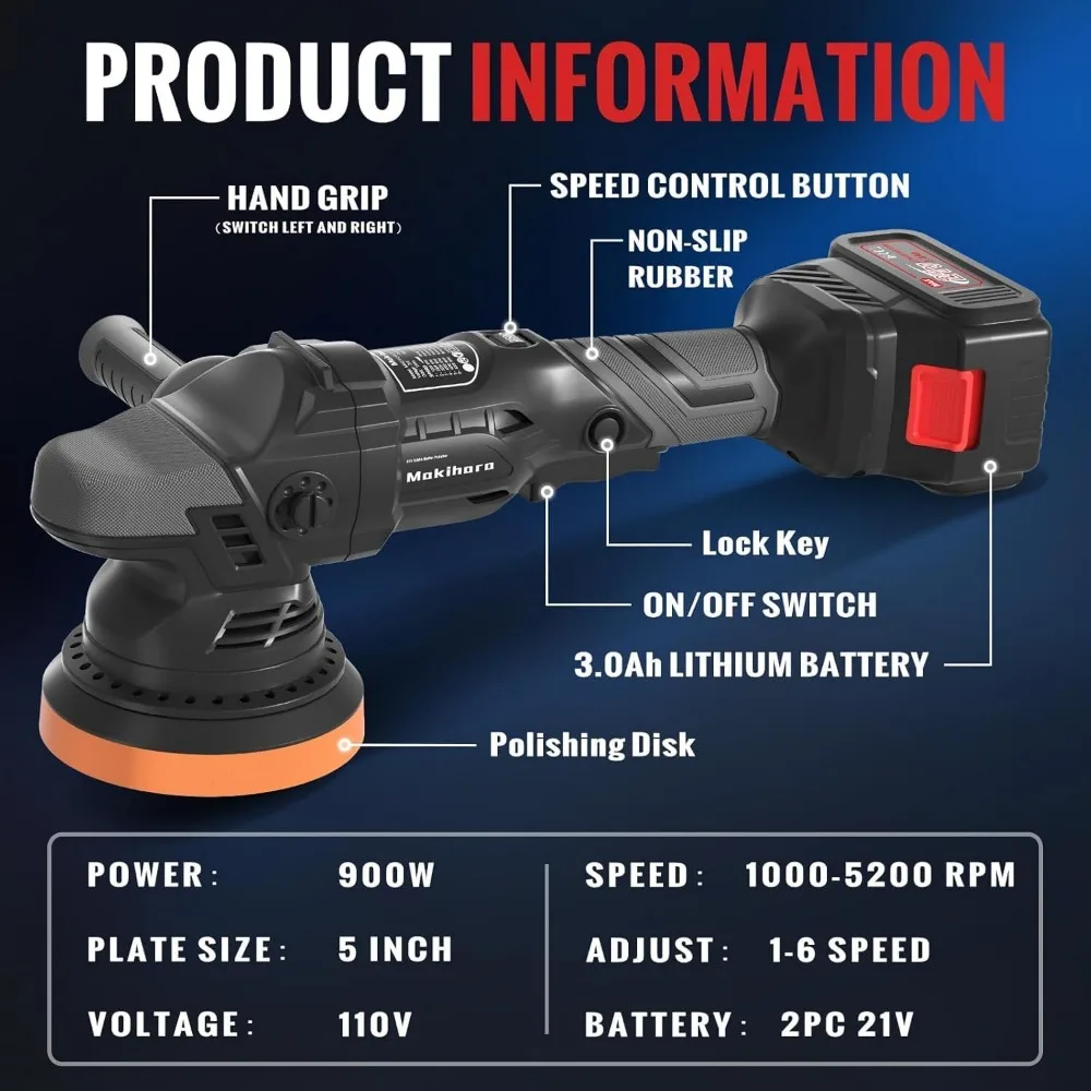 ملمع سيارة لاسلكي 5 بوصات، 6 سرعات 1000-5200 دورة في الدقيقة، بطارية 21 فولت مع 28 مرفقًا للتفصيل والصنفرة #4