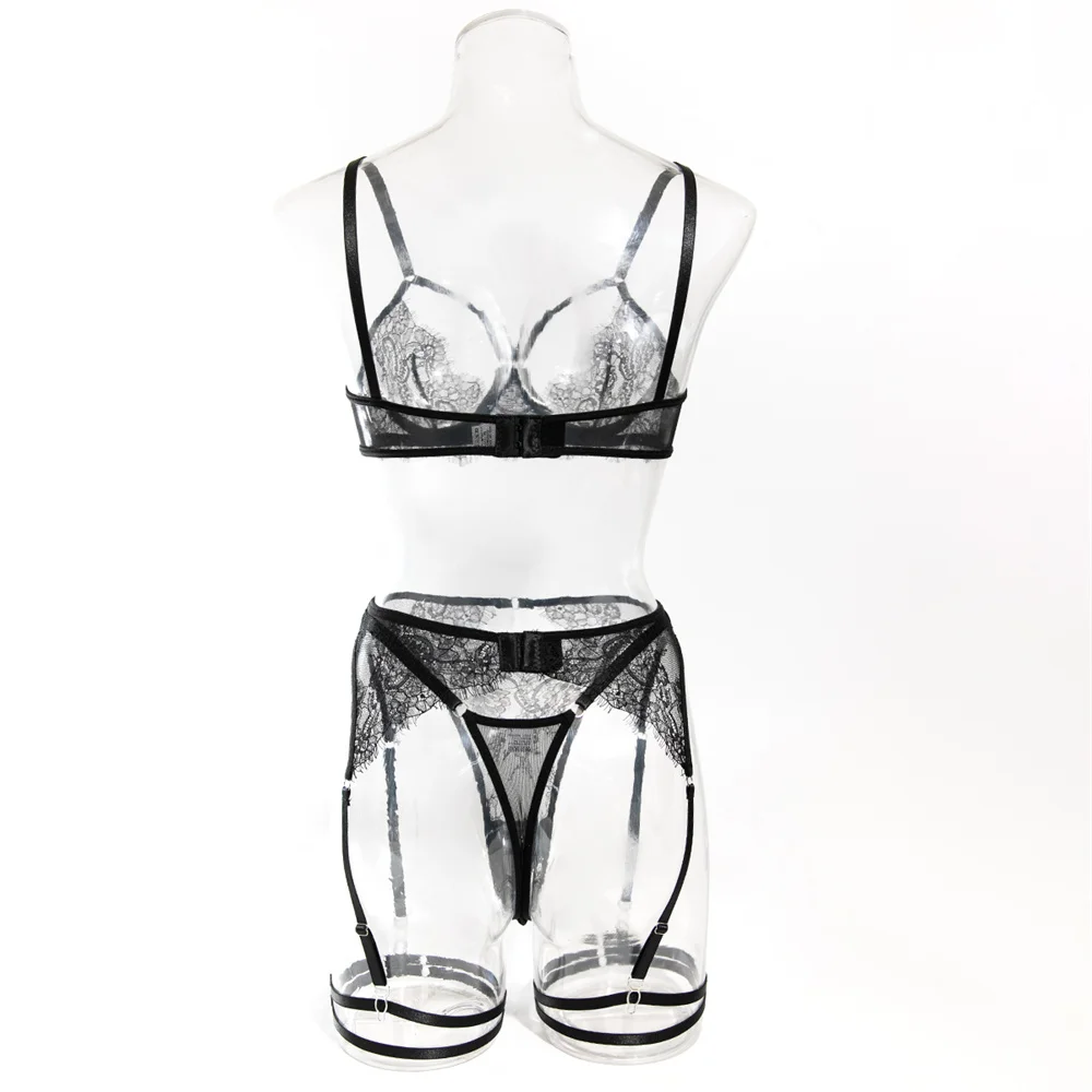 Krasapt-Lencería Sexy de encaje negro con perspectiva, conjuntos de 4 Uds., sujetadores y pantiers calados románticos, trajes de liga, conjunto delicado de Bilizna
