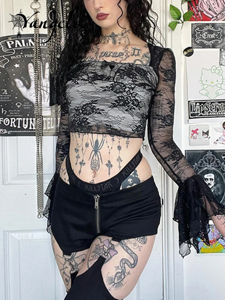 Yangelo Gothic Sexy Square Collar Lace Embossed Fairy Grunge T-shirt Women Punk See Through Trumpet Sleeve Crop Top