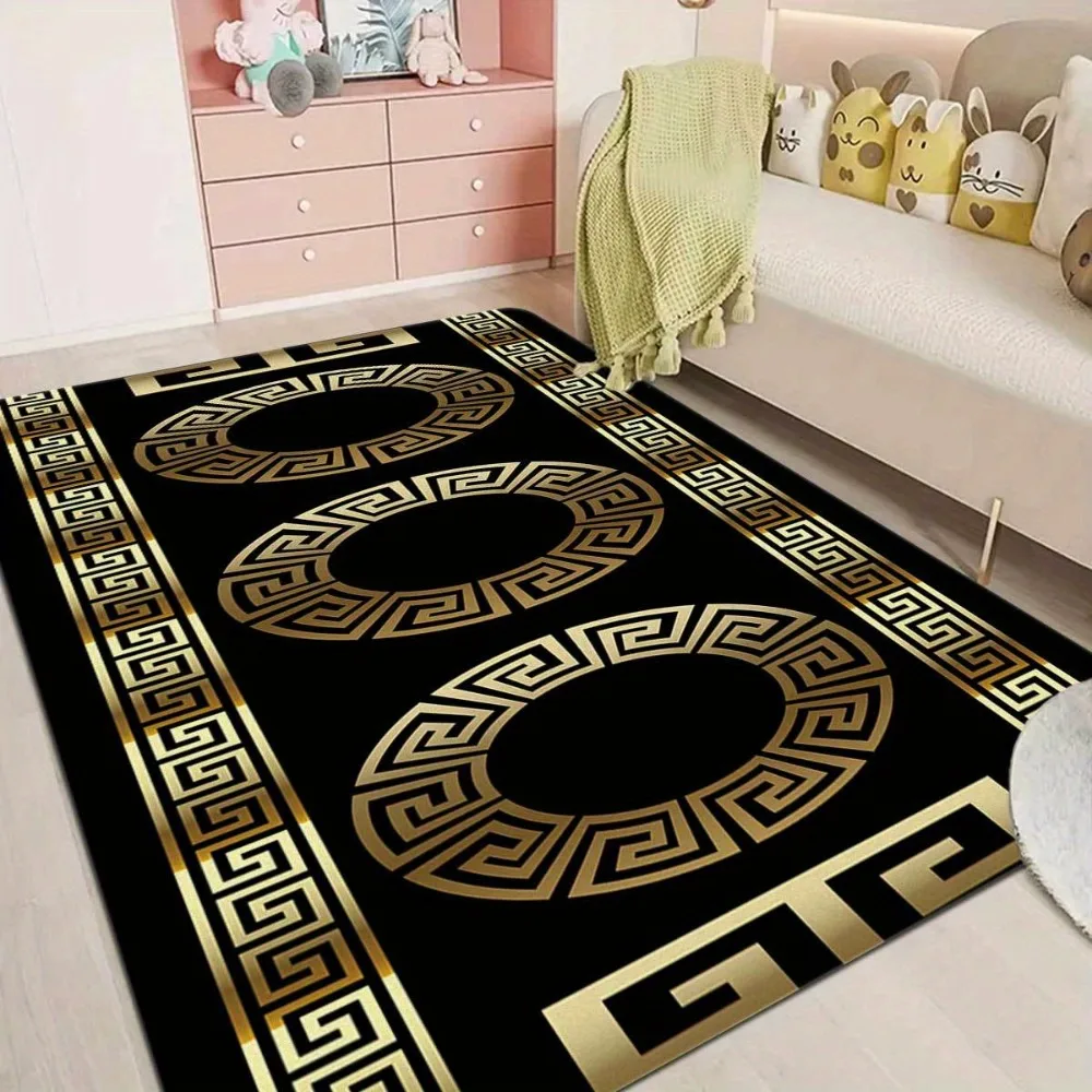 Elegant Black Gold Greek Key Meander Pattern Doormat Mat Runner Rug for Entryway Hallway Decor Classical Greek Style
