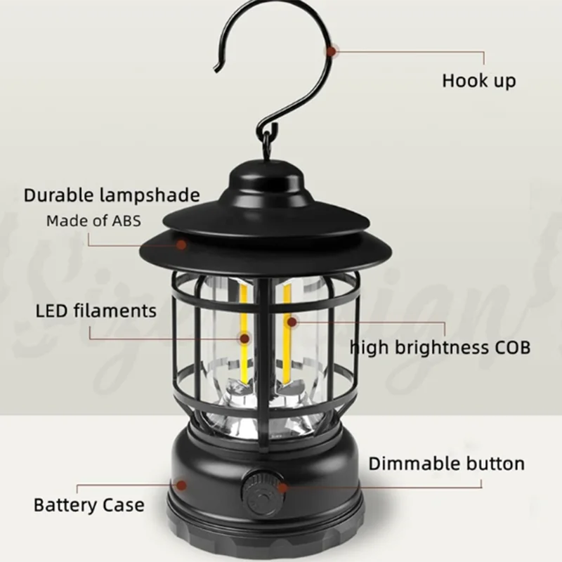 Retro Portable Camping Lanterns Rechargeable 3 Color Dimmable Tent Light Outdoor Waterproof Flashlight Emergency  For Fishing