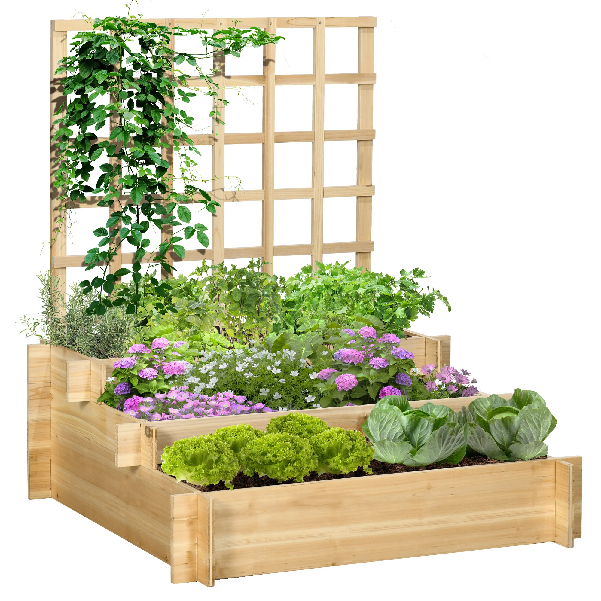 Outsunny Carré potager jardinière à 3 étages avec treillis lit surélevé en bois pour plantes grimpantes légumes fleurs naturel