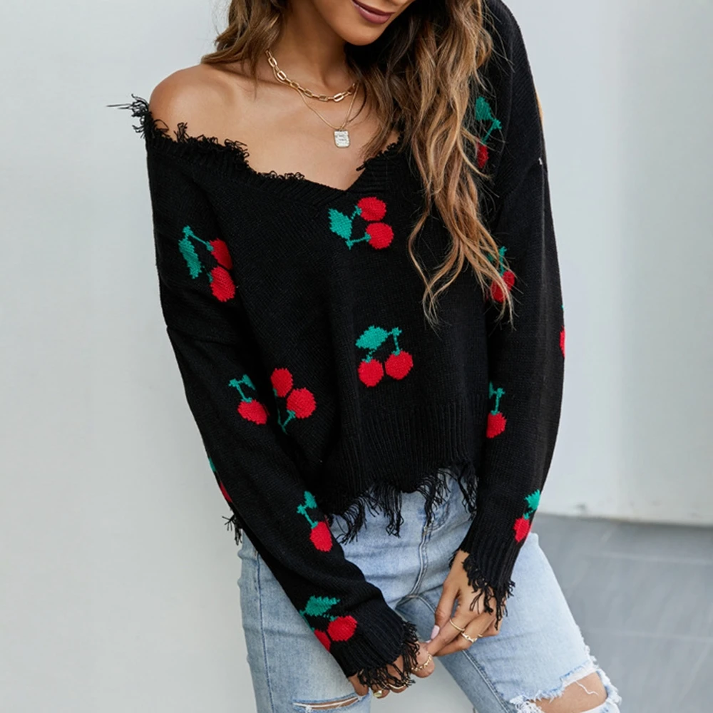 

UNIKTEE женский свитер с длинным рукавом и v-образным вырезом, осень-зима, K-Fashion, милый повседневный топ вишневого цвета контрастного цвета