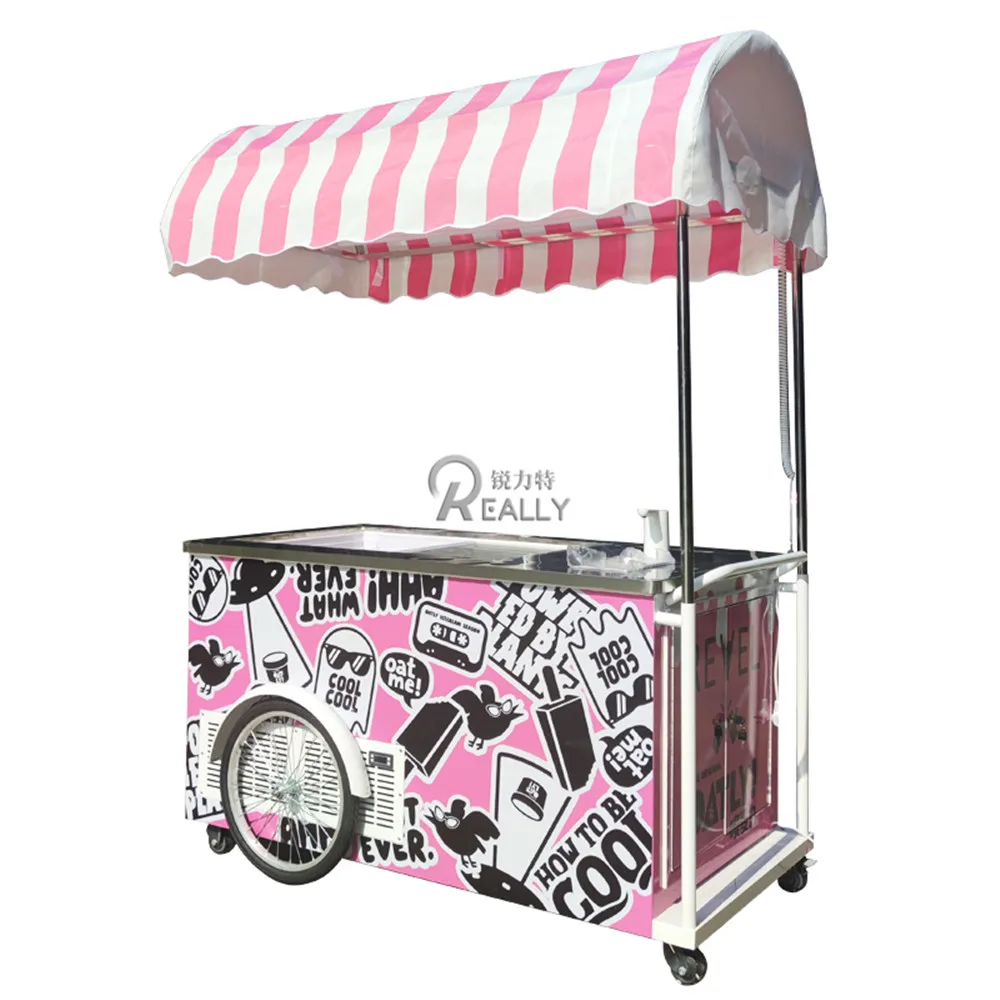 Commercial สองล้อไอศกรีมรถเข็นมือถือเครื่องดื่มขนมหวานไอศกรีมแช่แข็งจอแสดงผลตู้ปรับแต่ง Snack Cart