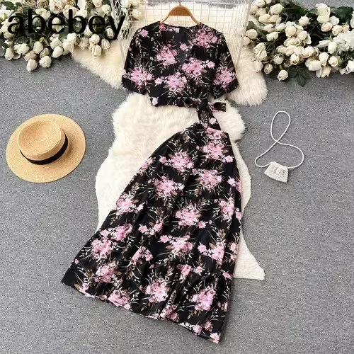 

Summer Print Beach Two Pieces Sets Lace Up Floral Top+Elastic Waist Long Skirt Streetwear Vacation Chiffon Bohe Suits