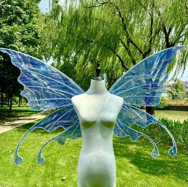 Adult Electric Blue Fairy Wings Sparkle Sequins Backpiece Remote Control Cosplay Stage Performance Prop