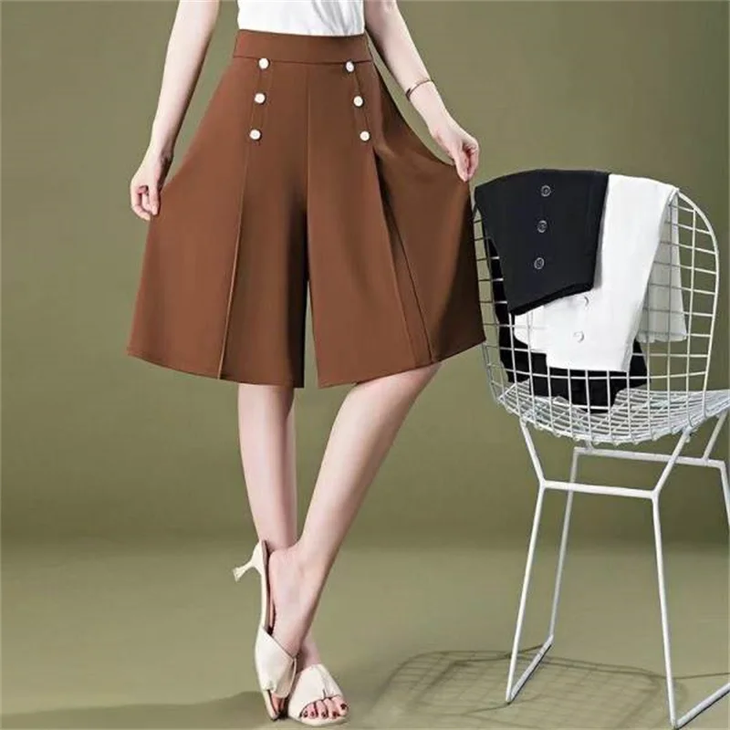 Women Summer Korean Black White Loose Wide Leg Knee Length Pants Office Lady Elegant High Waist Button Skirt Trousers Pantalones