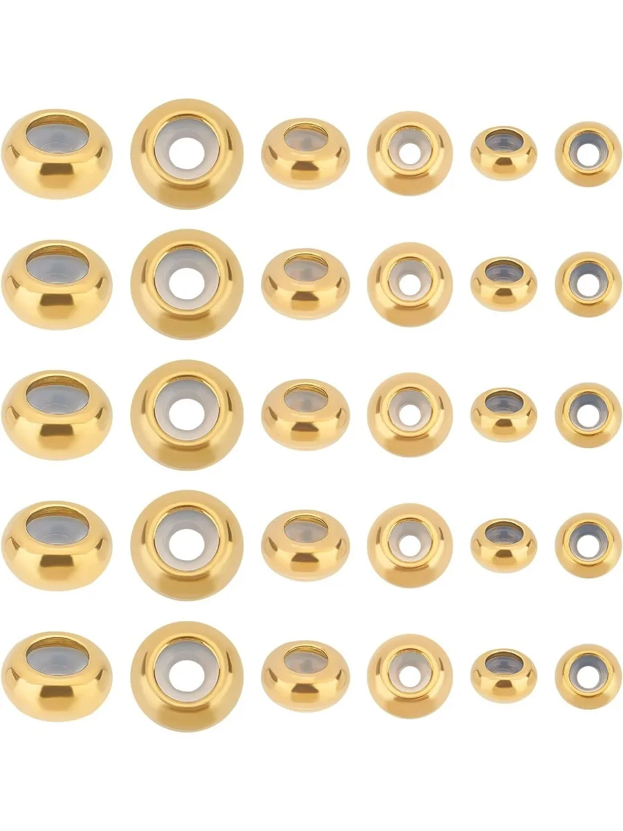 30pcs Golden Spacer Stopper Beads with Rubber Inside 3 Sizes Slider Beads Stainless Steel Loose Beads Metal Spacers for DIY