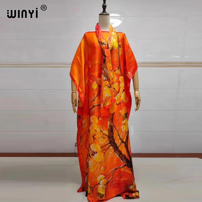 

WINYI summer boho print Africa dress for women Dubai Muslim Dashiki abaya holiday Design With scarf evening dress party kaftan