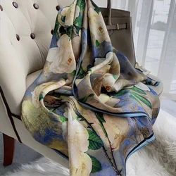 Chinese Rose 100% Silk Blue White Ladies's Scarves Dufanda Fall Winter Long Scarves Shawls Fashion Brand Silk Scarf Echarpes