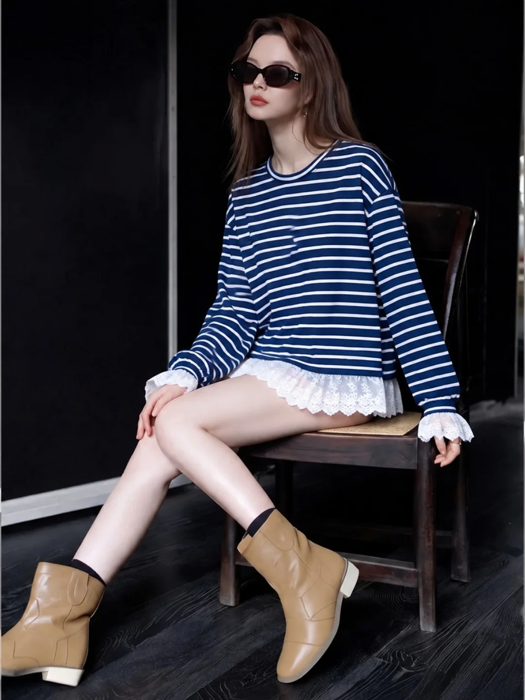 Fall Fashion Striped T-Shirt Lace Patchwork Color Block Slimming Top Korean Style Commute Loose Fit Long Sleeve round Neck