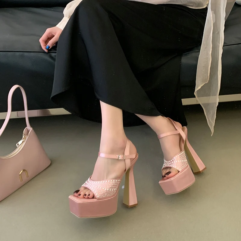 15cm Chunky Platform Shoes Pink High Heels Sandals For Woman Summer Ladies Party Shoes Fashion Pearl Heeled Sandals Big Size 41 view 3