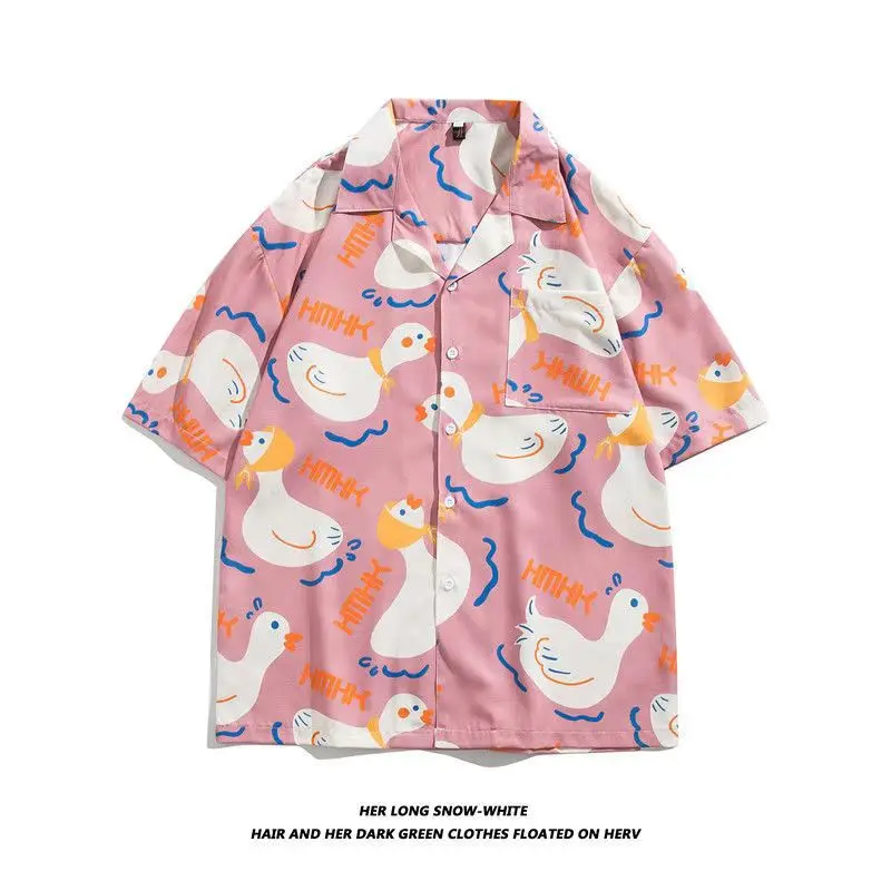 Fairy Tale Cute Duck Anime Button Up Shirt Kawaii Teenage Cool Beach Tops Oversized Loose Casual Men Women Streetwear Summer Tee
