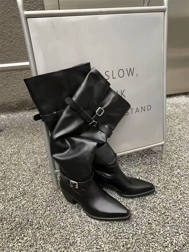 Fashion Buckle Strap Female Shoes Solid Pointed Toe Women Boots Knee High Ladies Long Botas Thick Heels Zapatos Mujers