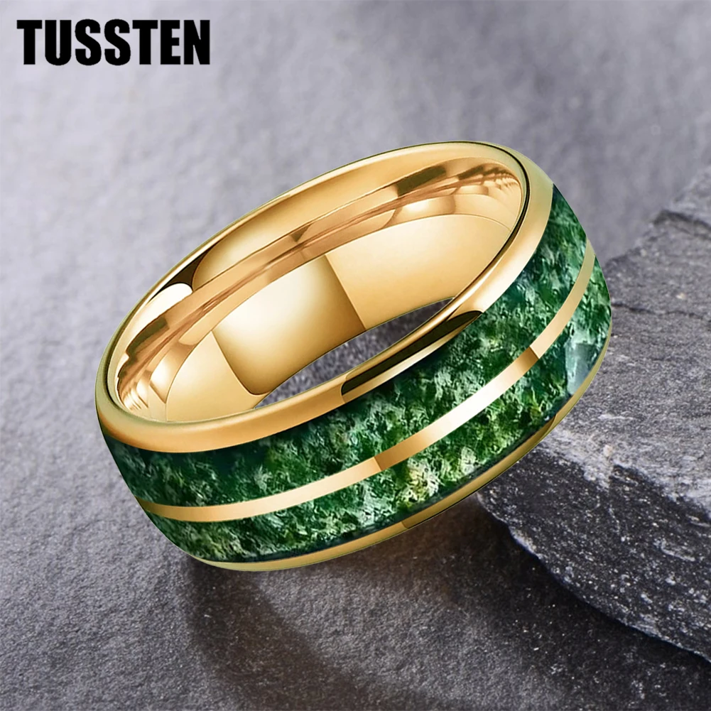 TUSSTEN 6/8MM Dome Double Groove Green Moss Agate Inlay Plated Tungsten Ring for Men Women Fashion Engagement Wedding Band