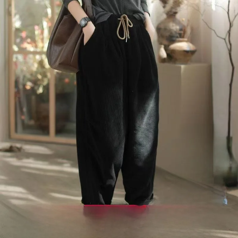 레트로 컬러 코듀로이 팬츠 여성용 가을 겨울 루즈 스트레이트 레그 하이웨이스트 바지 캐주얼 팬츠 한국 스타일