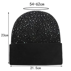 Thicken Women Knit Beanies With Rhinestone Slouchy Beanie Hats Winter Knit Caps Breathable Soft Ski Hat Cuffed Skull