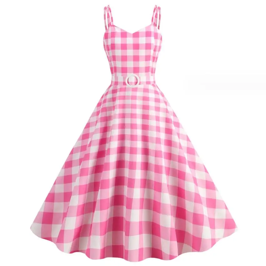 Women's Fashion Dress Pink Plaid Party Evening Dress Summer Sexy Halter Retro Lady Look Slimmer Swing Dress