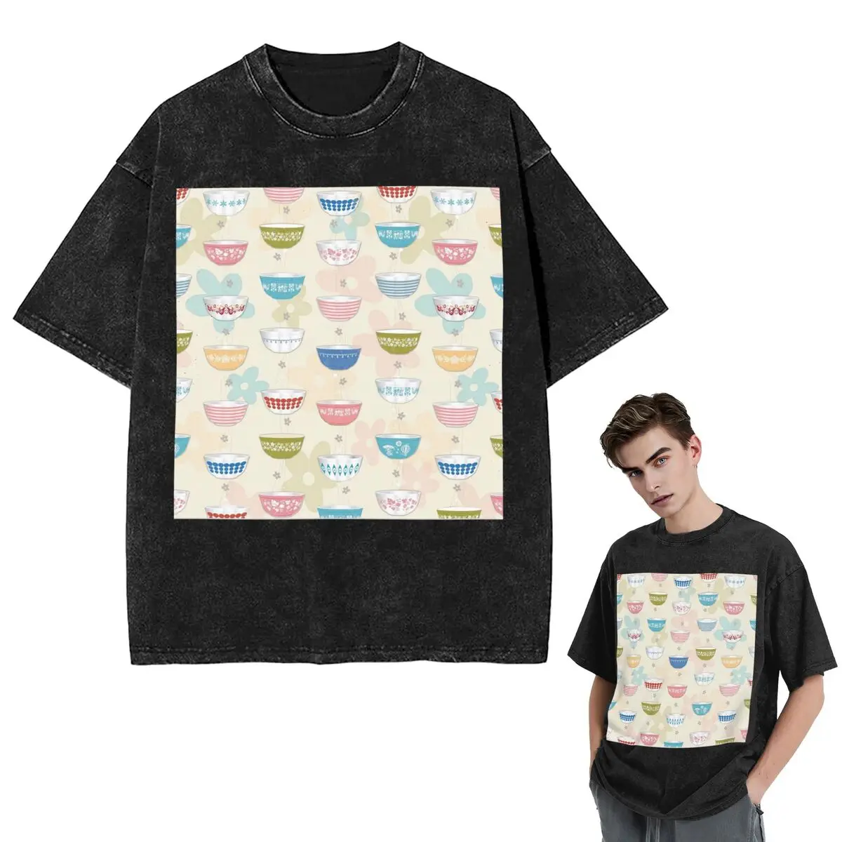 

Streetwear T-Shirts Vintage Pyrex Bowls Collection Washed T Shirt Short Sleeve Hip Hop T-Shirt Tops Tees for Men Women