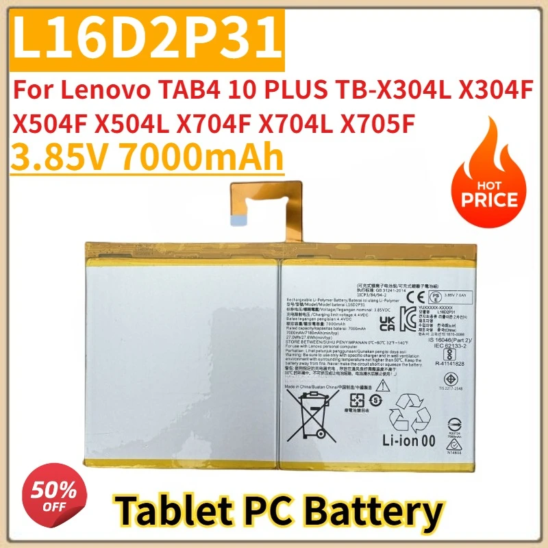 

Новый запасной аккумулятор для планшетного ПК 3,85 В 7000 мАч L16D2P31 для Lenovo TAB4 10 PLUS TB-X304L X304F X504F X504L X704F X704L X705F