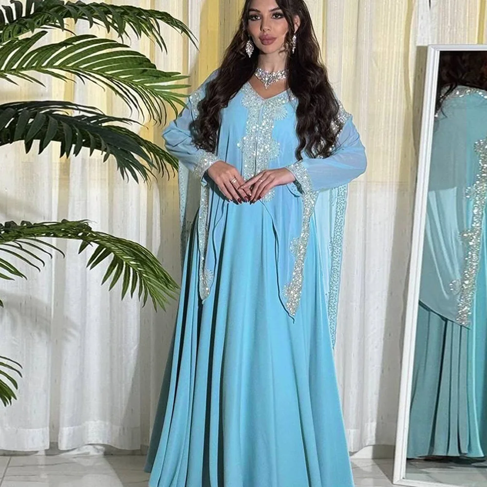 

Middle Eastern New Style Fashion Chiffon V-neck Hotfix Diamond Belted Dress Gown, Saudi Arabian Dubai Muslim Robe Long Dress
