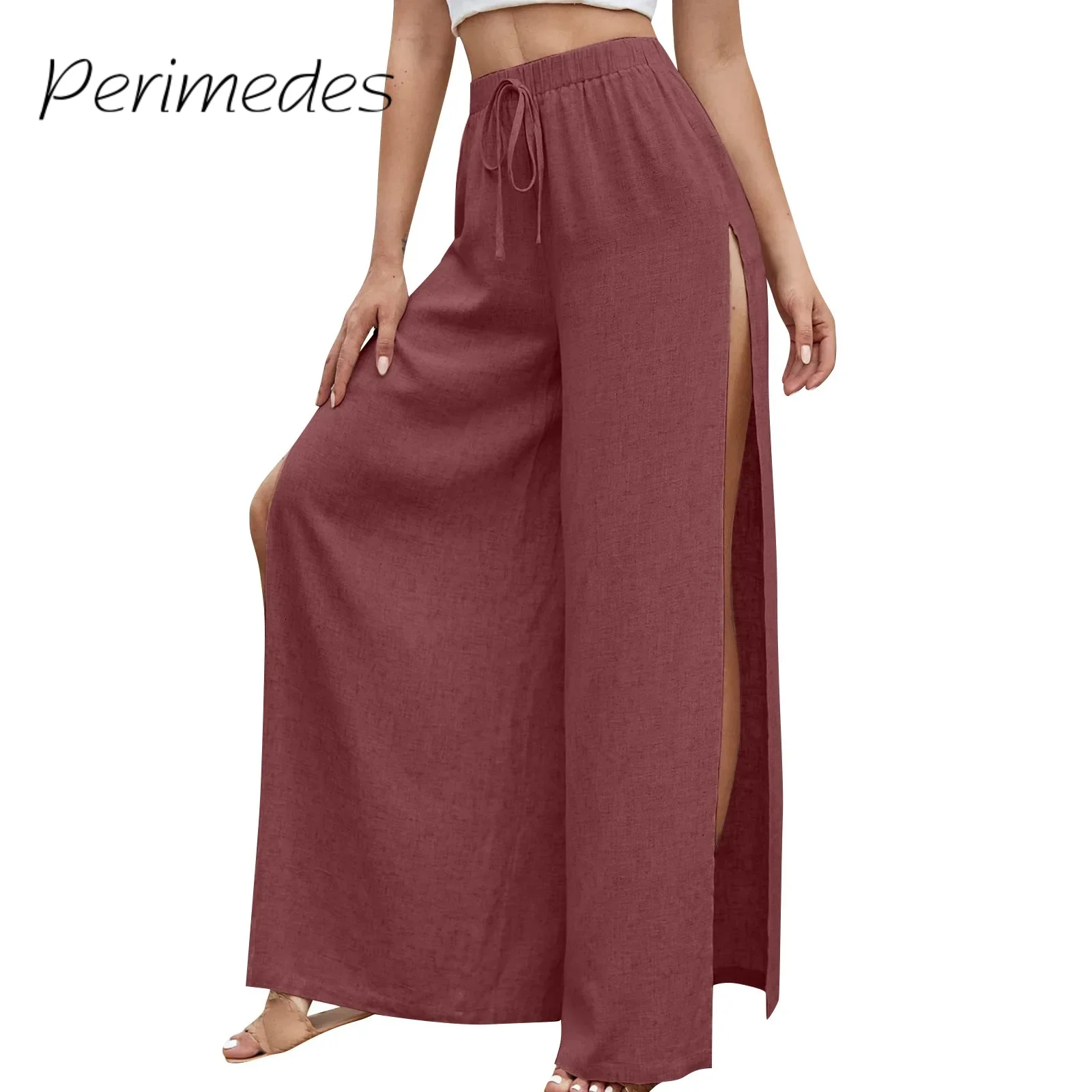 

Pantalones Women'S Wide Leg Pants Sexy Loose High Waist Trousers Drawstring Both Side Slit Thigh Temperament Fashionable Pants