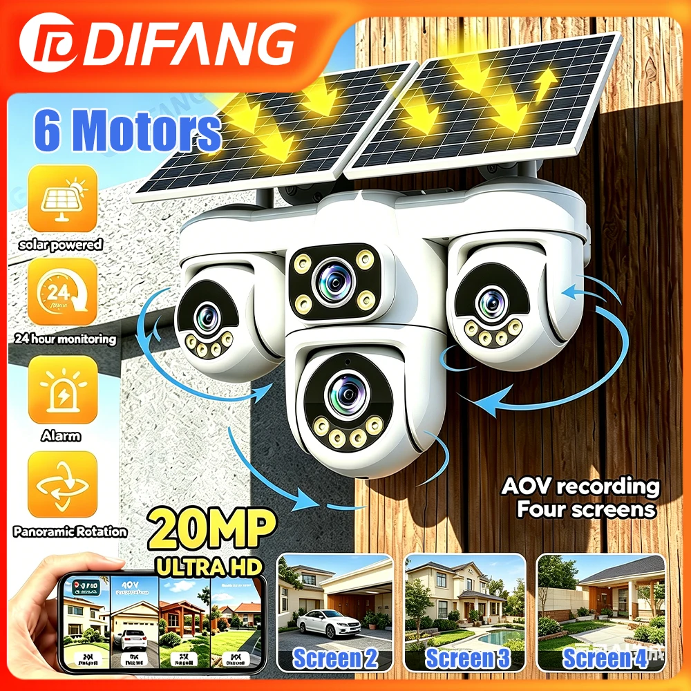 20MP A0V Wireless Solar 4G Security Camera 7/24Hour Monitoring 4 Lens 4 Screens Solar Powered and 12000mAh 360° PTZ Alarm CCTV