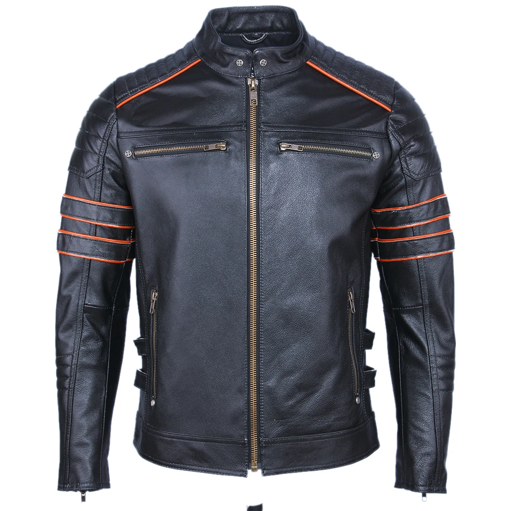 Black Embroidery Skull Motorcycle Leather Jackets 100% Natural