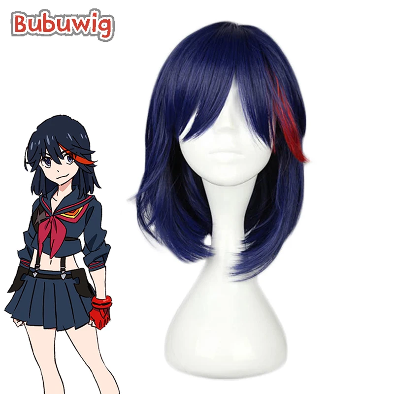 Bubuwig Rambut Sintetis Wig Cosplay Kill La Kill Ryuko Wanita 40Cm Wig Anime Sintetis Lurus Merah Campuran Biru Tahan Panas