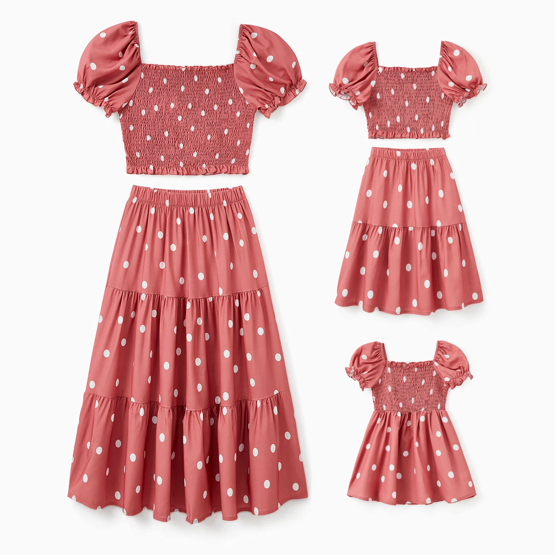 PatPat Mommy and Me Matching Polka Dot Shirred Top and A-Line Tiered Skirt Co-ord Sets