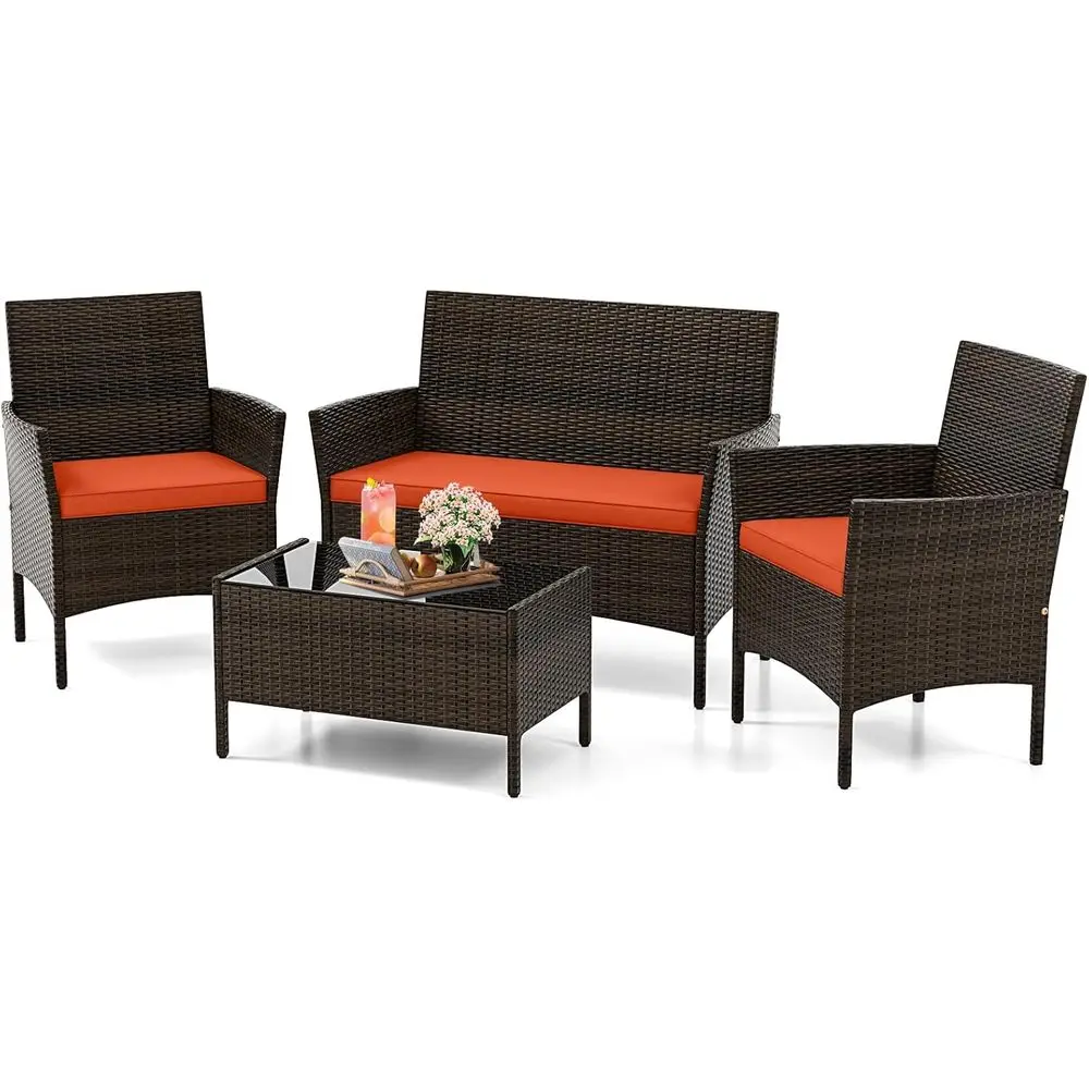 

Patio Furniture Set, Outdoor Rattan Sectional Set with Loveseat, Wicker Chairs, Tempered Glass Coffee Table, Wicker Patio Set fo