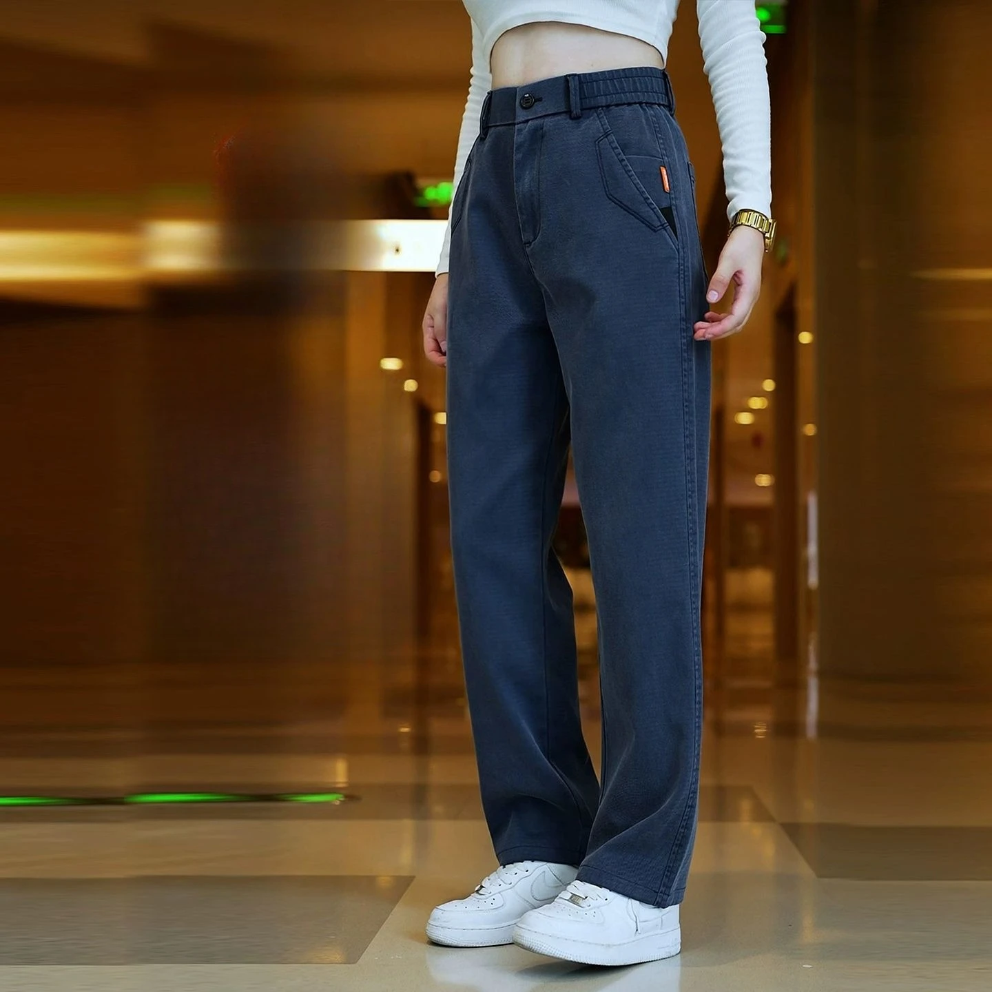 Men Autumn Winter Fleece Wide Leg Pants Lyocell Straight Casual Trousers Elastic Waist Versatile Bottoms