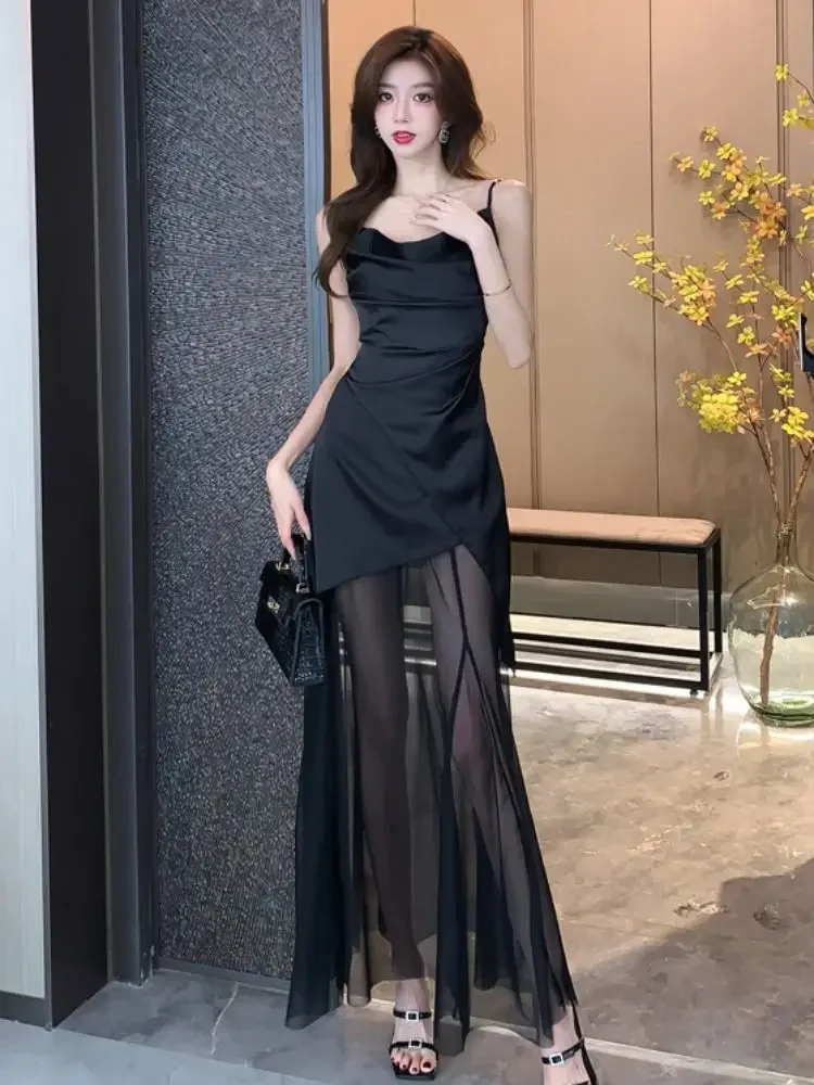 ลื่นสีดําพรหมแขนกุดตาข่ายยาวพรรคMaxi D Ressสําหรับผู้หญิงS Undressเย็นชิ้นเดียวสบายๆเยาวชนโค้งร้อนชุดผู้หญิง
