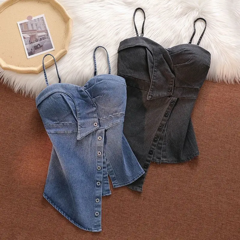 

Women's Sling Pure Desire Sexy Denim Camisole Vest Chest Cushion Asymmetrical Slimming Waist Cinching Short Chest Wrapped Top