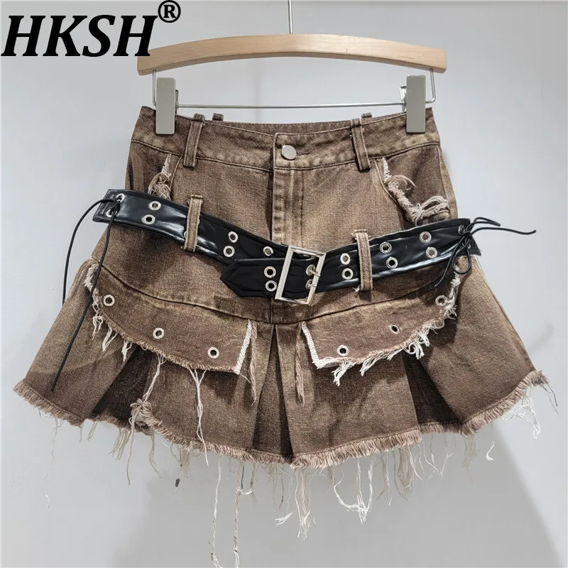 

HKSH Новая летняя женская джинсовая юбка с потертостями и поясом, плиссированные трапециевидные винтажные элитные шикарные короткие юбки HK16634
