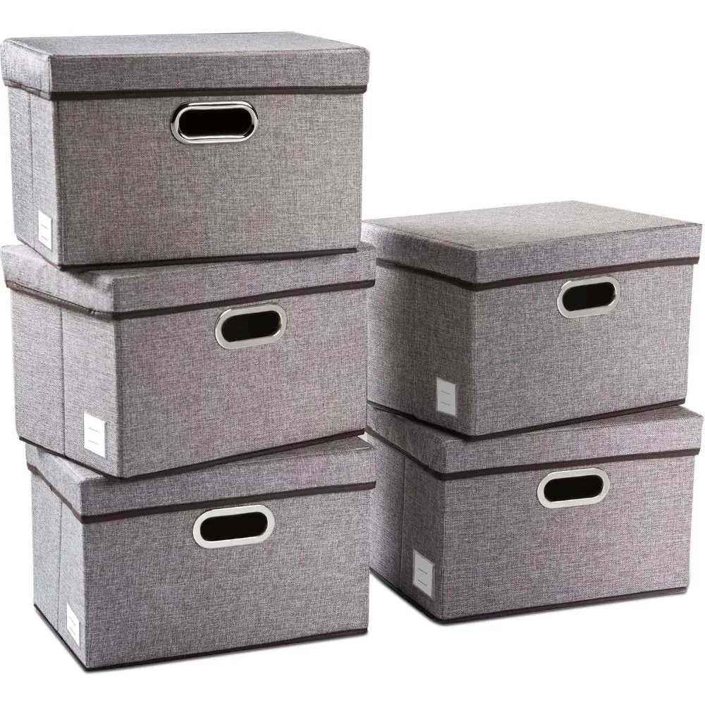 Collapsible Storage Containers with Lids [5-Pack] Linen Fabric Foldable Storage Bins Boxes Organizer Baskets Cube