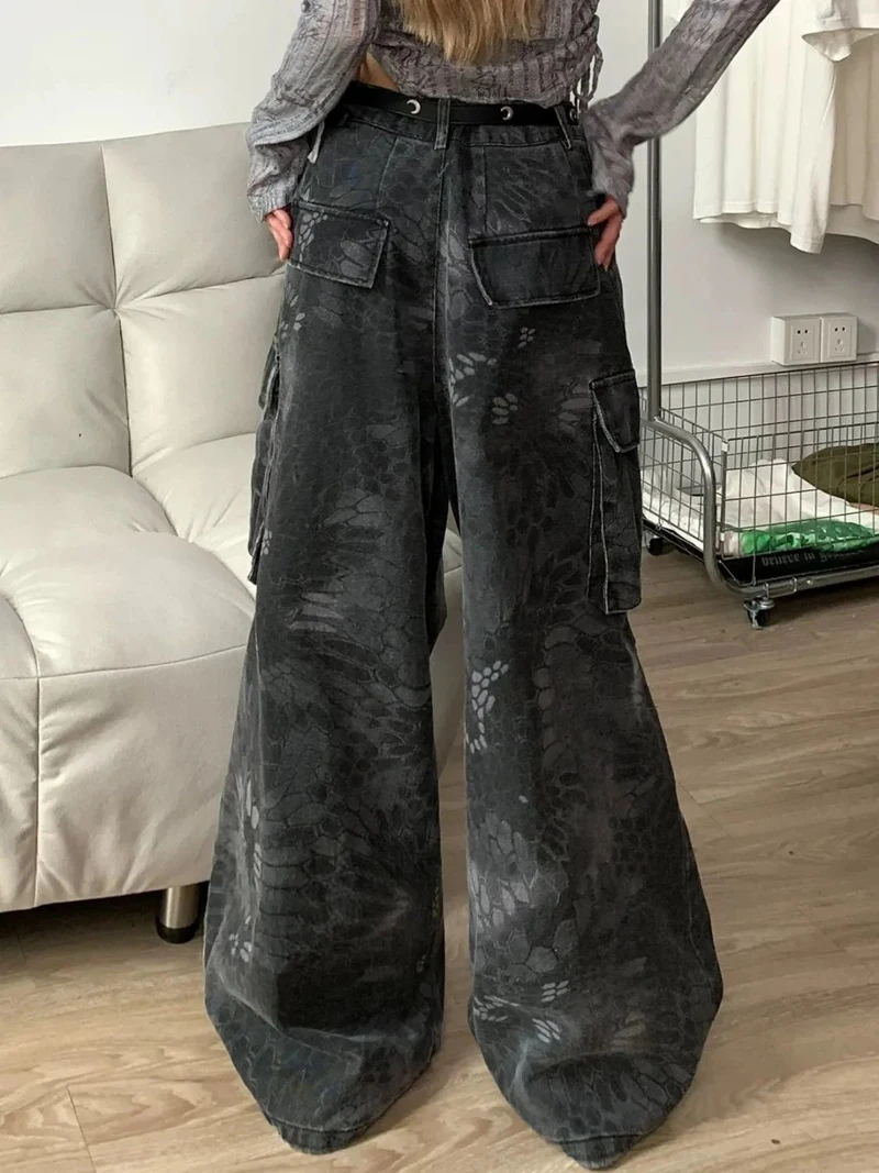 Spodnie cargo damskie khaki jesienne nylonowe rozszerzane bootcut streetwearowe luźne patchworkowe w stylu amerykańskim postarzane sprane edgy seksowne