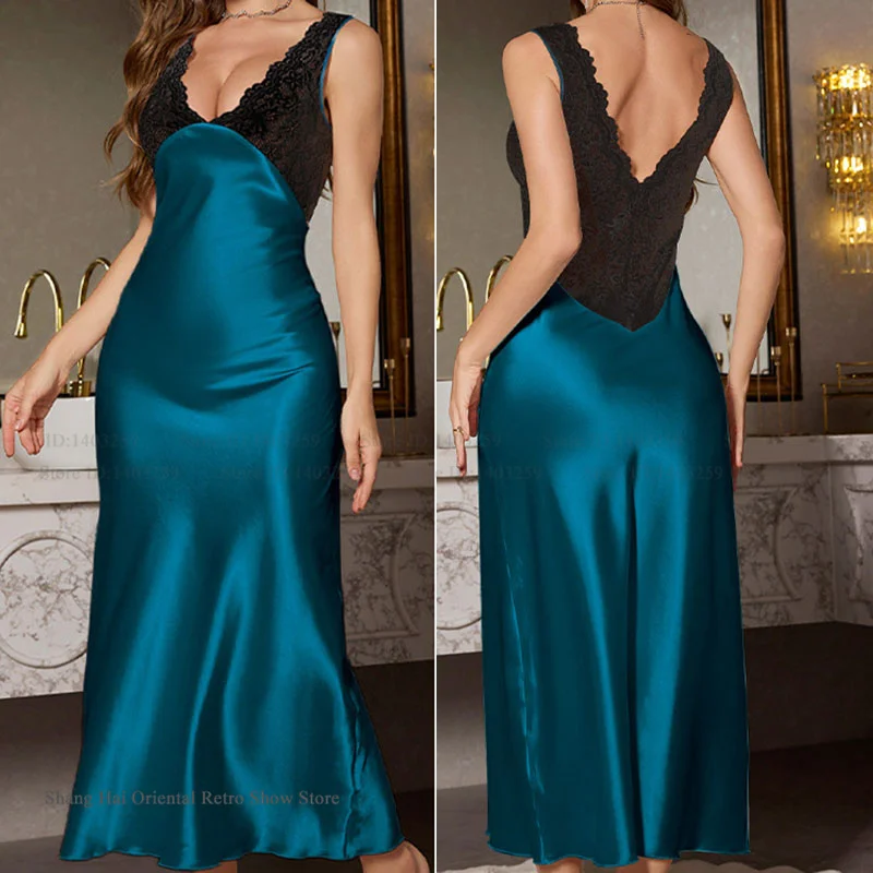 Elegant Long Nightgown Home Clothing New Female Sleepwear Nighty Sexy Perspective Lace Nightdress Satin Loungewear Lingerie