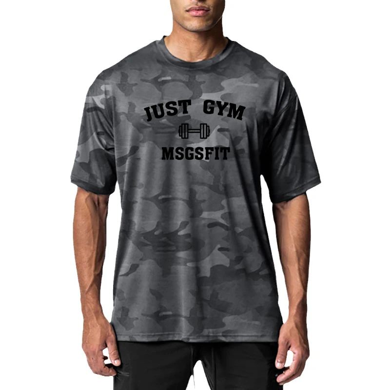 Camouflage Loose Oversized Short Sleeve T Shirt Mens Street Hip Hop Sports Fitness T-shirt O-neck Mesh Gym Clothing Workout Tees