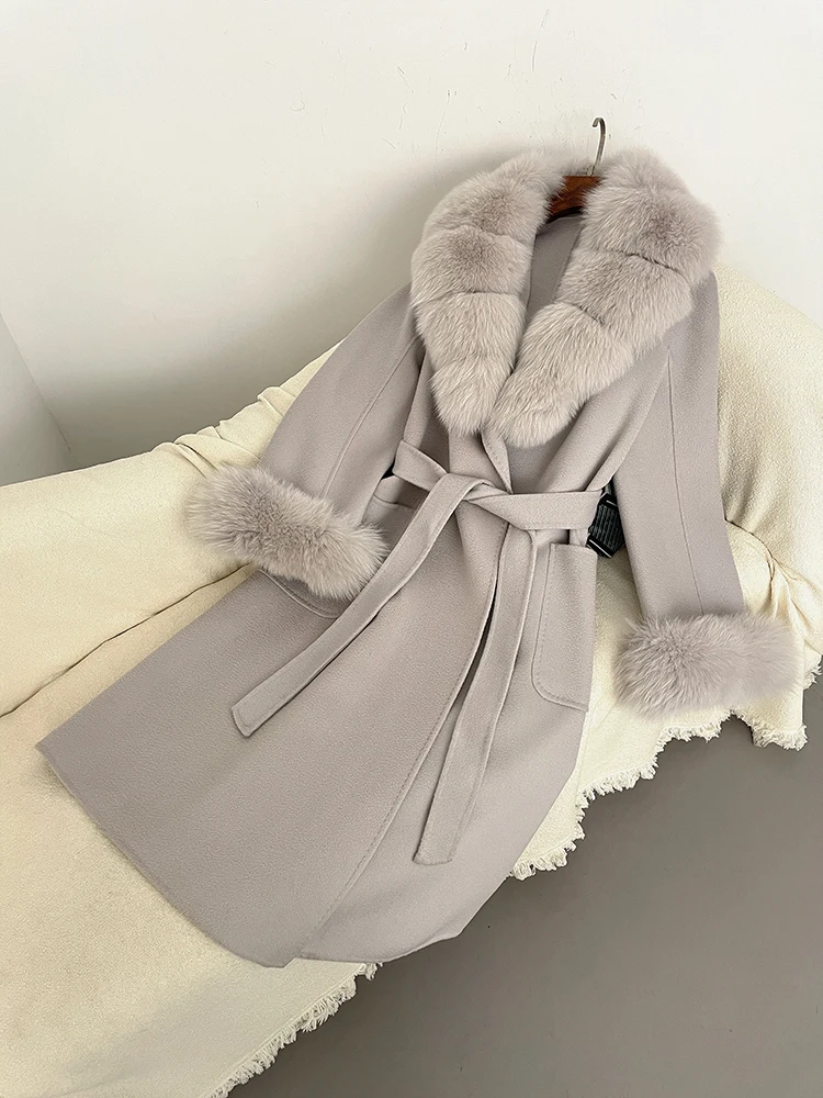 2025 inverno feminino real pele de raposa lã mistura casaco elegante jaqueta ondulações de água x-long solto turn-down colarinho outerwear