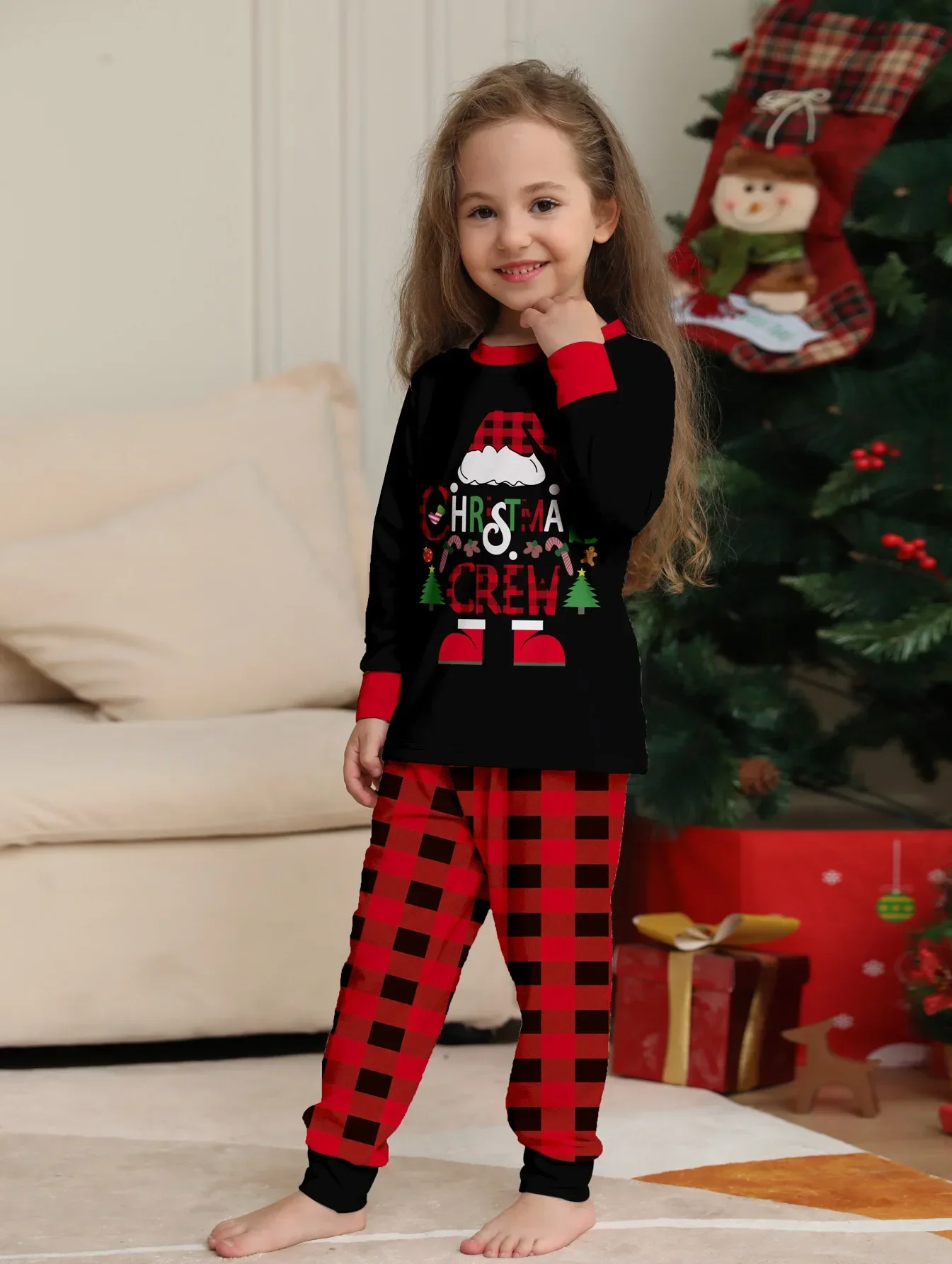 2024 Winter Christmas Crew Print Pajamas Set Mom Daughter Dad Son Matching Clothes Casual Soft Lounge-wear Xmas Gift Family Look