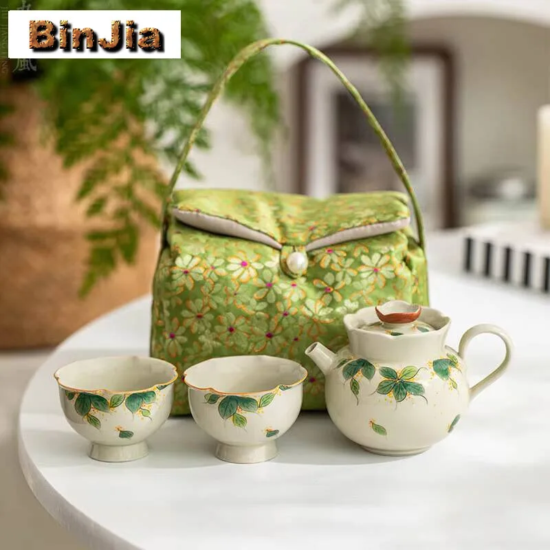 

Ручной рисунок османтуса, дорожный чайный сервиз, бутик, портативная сумка для хранения, элегантный 1 горшок, 2 чашки, органайзер, коллекция