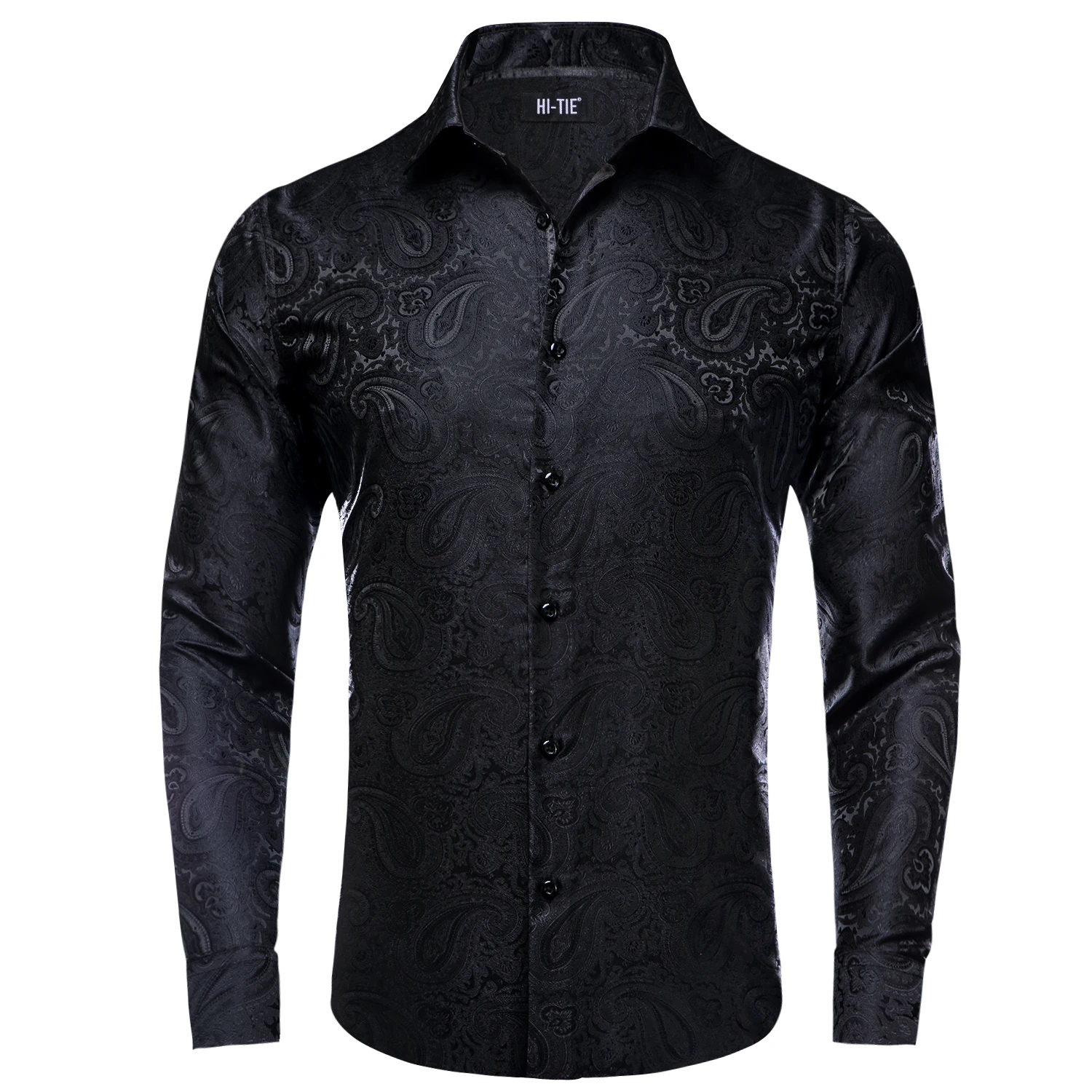 Hi-Tie Fashion Mens Silk Shirt Long Sleeve Paisley Lapel Shirt For Men Formal Wedding Gift Black Red Blue Gold Purple Teal Green