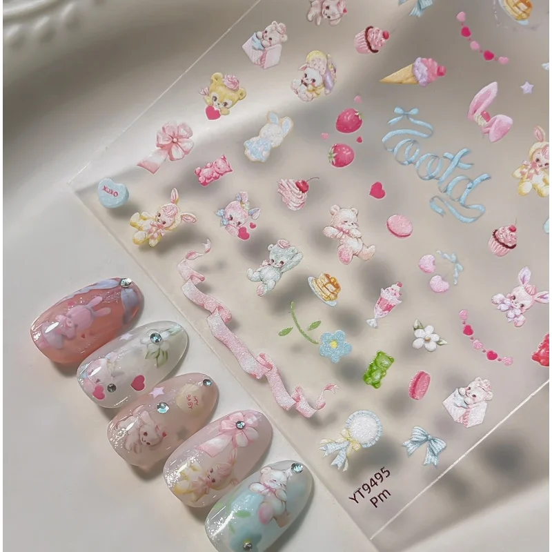 Sweet Cartoon Nail Stickers Rabbits Cats Bow Cakes Ice Cream Heart-shaped Fruits Self-adhesive Nail Stickers DIY Nail Decoration