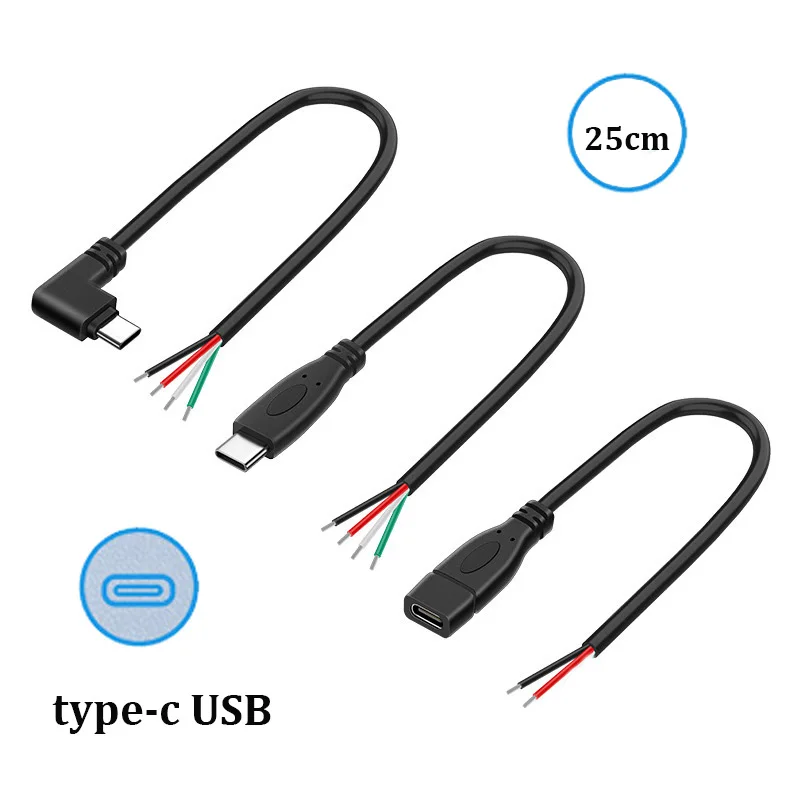 Type-C USB Male/Female 4-Core Power Data Cable - 2-Core Charging Extension Cord with Straight/Angle Head